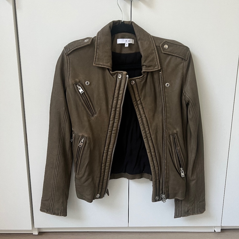 IRO Olive Green Leather Moto Jacket